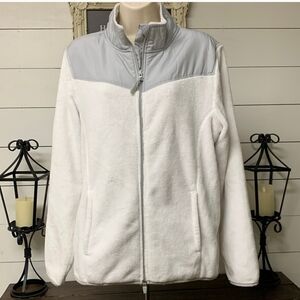 Zippered White Fleece Jacket with Grey Trim XL 16-18